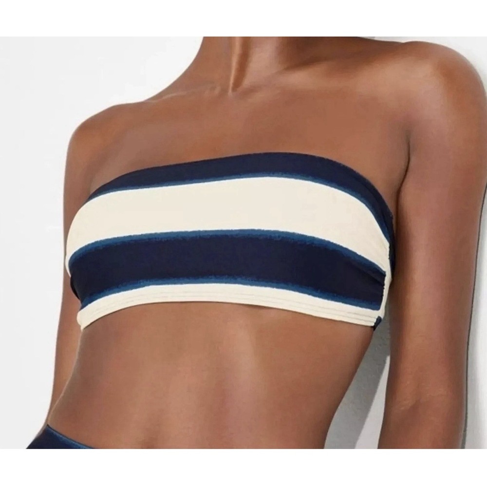 NWT Kate Spade Awning Stripe Bandeau Bikini Swimsuit Blazer Blue Size XSmall NEW